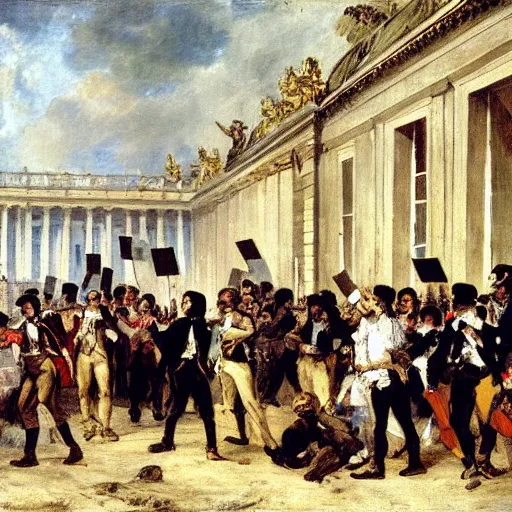 Prompt: a painting by eugene delacroix depicting people from the 1700s protesting outside the palace of versailles