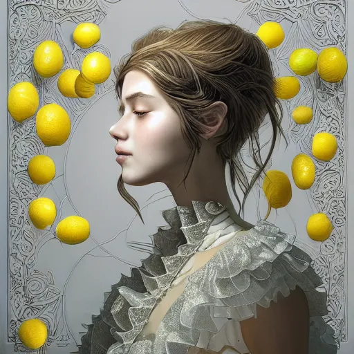 Image similar to the portrait of an absurdly beautiful, graceful, elegant, sophisticated, young teen girl made up of lemons looking up, an ultrafine hyperdetailed illustration by kim jung gi, irakli nadar, intricate linework, bright colors, octopath traveler, final fantasy, unreal engine 5 highly rendered, global illumination, radiant light, detailed and intricate environment