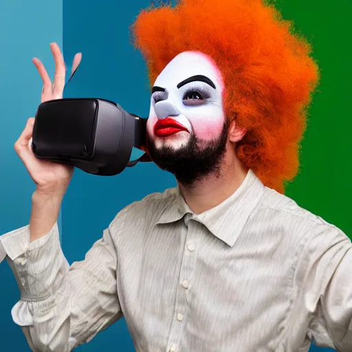 Prompt: hyperreality clown becoming enlightened while wearing a virtual reality headset