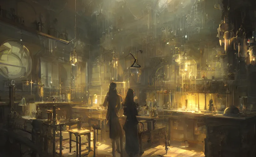 Image similar to Alchemy laboratory, elegant, volumetric lighting, digital painting, highly detailed, artstation, sharp focus, illustration, concept art, ruan jia, steve mccurry