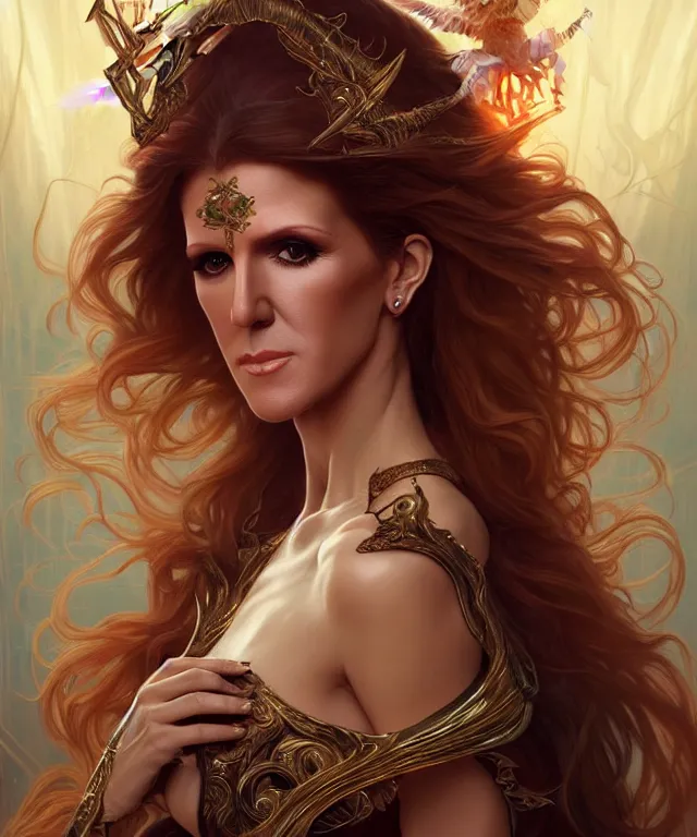 Image similar to Celin Dion as a fantasy magic woman portrait, sci-fi, amber eyes, face, long hair, fantasy, intricate, elegant, highly detailed, digital painting, artstation, concept art, smooth, sharp focus, illustration, art by artgerm and greg rutkowski and alphonse mucha