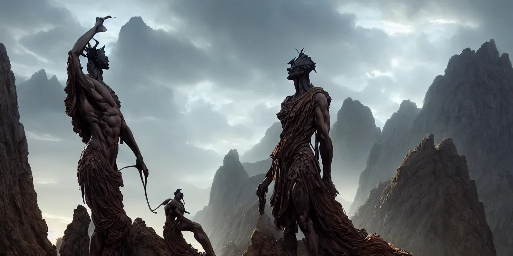 Prompt: colossal statues in the mountains, dramatic lighting, by john howe, weta workshop, colossus, greg rutkowski, artgerm, ross tran, conrad roset, takato yomamoto. 4 k, beautiful, cinematic dramatic atmosphere, matte painting