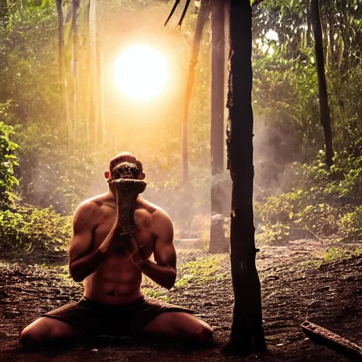 Image similar to spartan doing ayahuasca ritual at camp fire, jungle background, full moon with stars, hyper realistic award winning photographic portrait, dramatic cinematic lighting