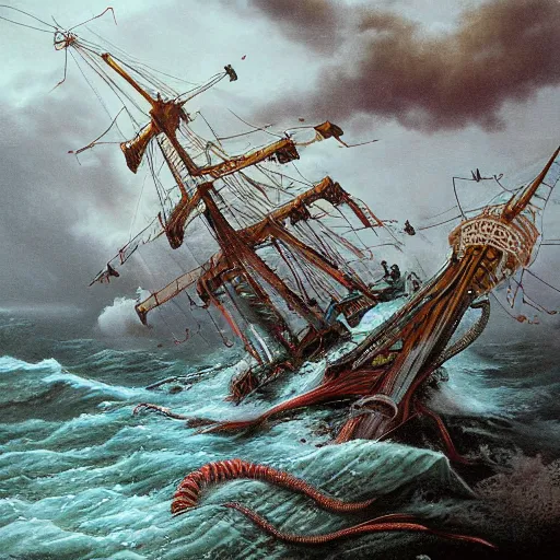 Image similar to hyper detailed painting of a ship being sunk by a giant octopus