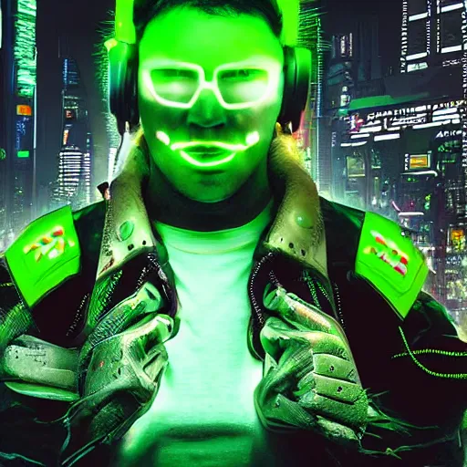 Image similar to cyberpunk super mario super realistic in neon green exoarmour in a cinematic composition