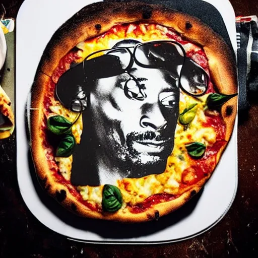 Prompt: Photo of a pizza with Snoop Dogg topping.