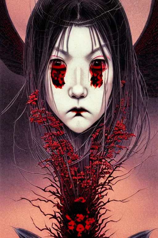 Image similar to japanese vampire girl, character portrait, portrait, close up, concept art, intricate details, highly detailed, eyes, yokai, blood, fangs, claws, cherry blossom, soft light, vintage sci - fi poster, in the style of chris foss, rodger dean, moebius, michael whelan, and gustave dore