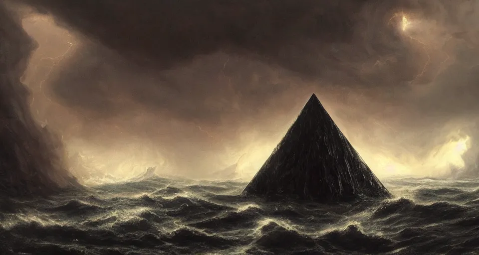 Image similar to black lovecraftian eldritch!! obsidian pyramid!! on a snowy island surrounded by raging stormy seas, with a large shadow of a creature in the background by eugene von guerard, ivan shishkin, night, red lightning!!, storm!, dramatic lighting, concept art, trending on artstation, 8 k