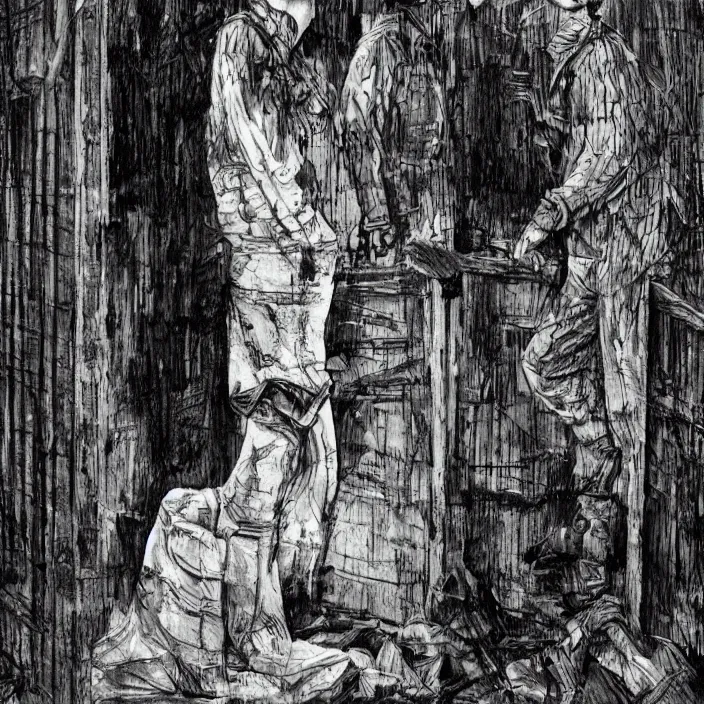 Image similar to sadie sink in dirty workmen clothes waves goodbye to workmen. near a gate. background : factory, dirty, polluted. technique : black and white pencil and ink. by gabriel hardman, joe alves, chris bonura. cinematic atmosphere, detailed and intricate, perfect anatomy