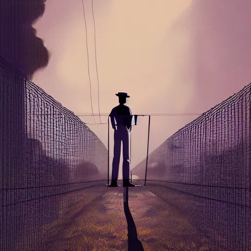 Prompt: a matte painting of a man standing in front of a wire fence by emiliano ponzi, james gilleard