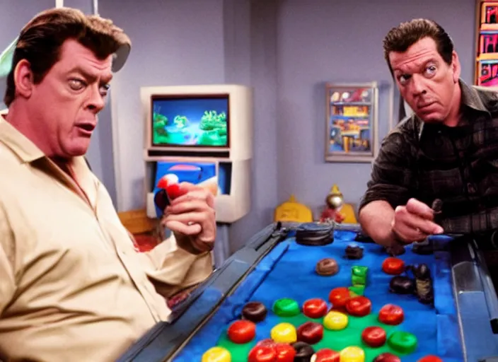 Prompt: shooter mcgavin from happy gilmore, movie still, playing donkey kong in the game room with adam sandler, 8 k, realistic