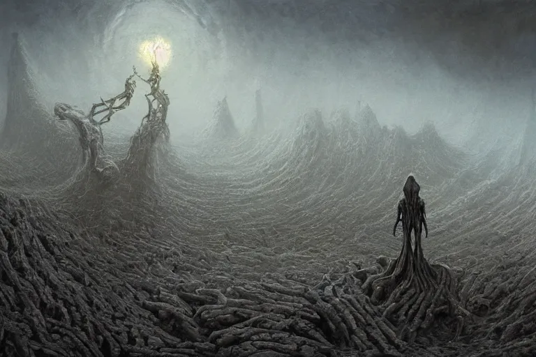 Image similar to amazing concept painting, by Jessica Rossier and HR giger and Beksinski, prophecy, hallucination, the middle of a valley, a golem of bones, it was full of bones, bones that were very dry, there was a noise, a rattling sound, and the bones came together, bone to bone , I looked, and tendons and flesh appeared on them and skin covered them, but there was no breath in them and breath entered them, they came to life and stood up on their feet a vast army