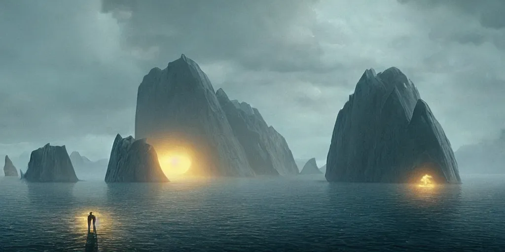 Prompt: screenshot from a movie, epic matte painting of a greenland island, cinematic cinematography masterpiece, skull, greg rutkowski, and ivan aivazovski, roger deakins