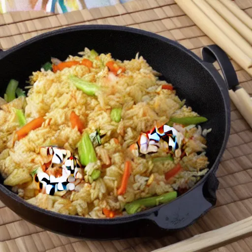 Prompt: a shrimp frying rice