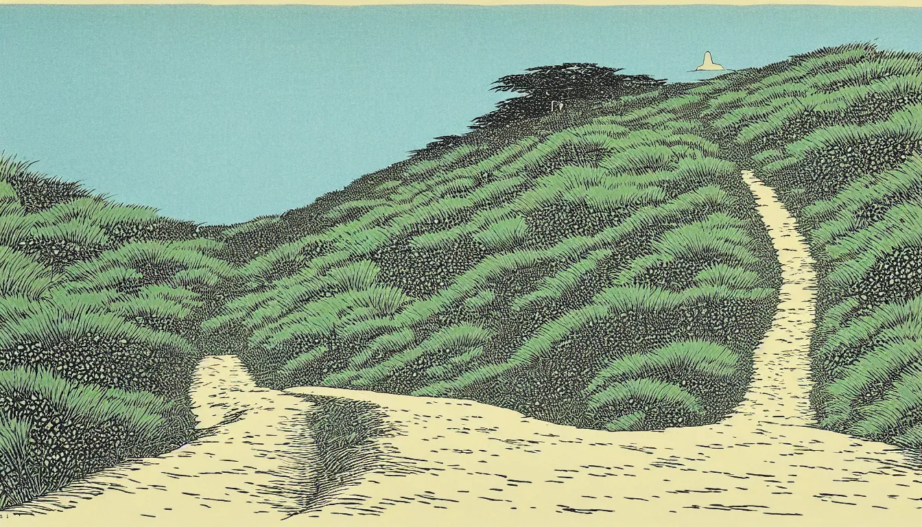 Prompt: path down the hill to the beach by woodblock print, moebius