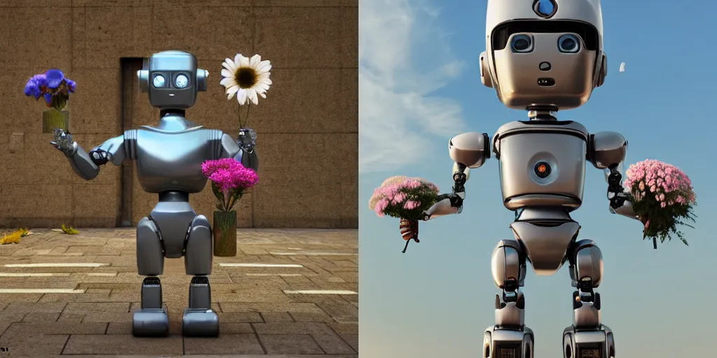 Prompt: Robot holding flowers in heaven. c4d, blender, clear detail, 8k, trending on artstation, unreal engine, lee madgwick, hubert robert