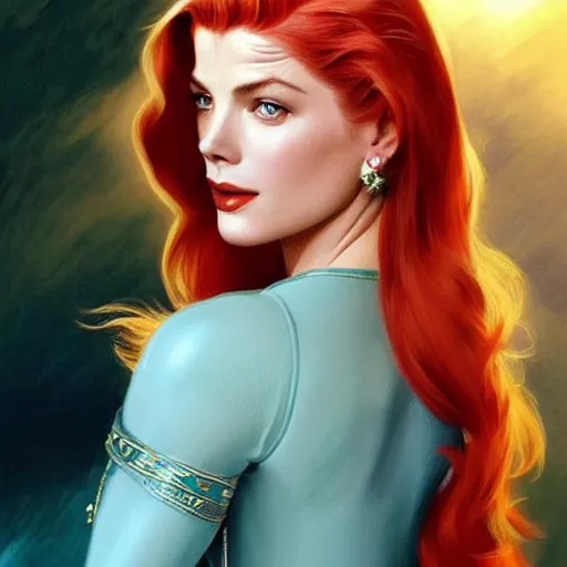 Image similar to A combination of Grace Kelly's and Katheryn Winnick's and Ashley Greene's faces with red hair as Aqua Man, full body shot, western, fantasy, intricate, elegant, highly detailed, digital painting, artstation, concept art, matte, sharp focus, illustration, art by Artgerm and Greg Rutkowski and Alphonse Mucha