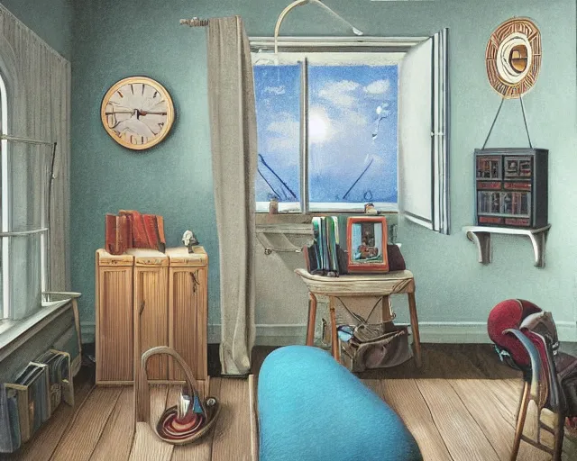 Prompt: room of wonders, an ultrafine detailed painting by rafal olbinski, behance contest winner, pop surrealism, detailed painting, very detailed, minimalist, skeuomorphic, airbrush art