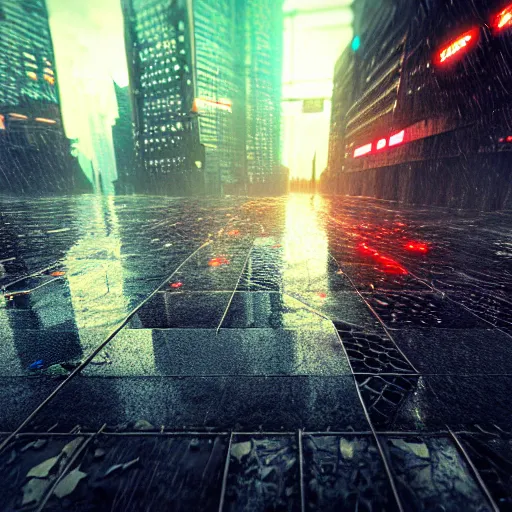 Prompt: 8 k artstation photograph rainy city cracked and crumbling into the ocean with scifi cyberpunk aesthetic hyper realistic