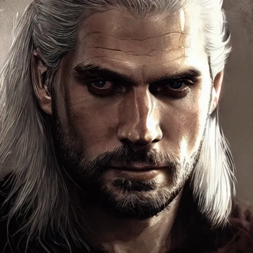 Prompt: henry cavill as geralt of rivia with long beard and intense eyes, scarred, close up, rim lighting, portrait, sinister atmospheric lighting. highly detailed painting by greg rutkowski, anime style