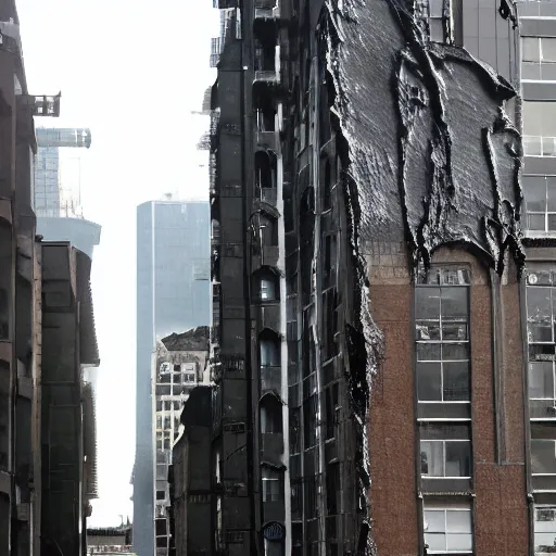 Image similar to apocalyptic city, buildings covered in shiny black tar, black shiny gooey tar on buildings, black shiny goo everywhere