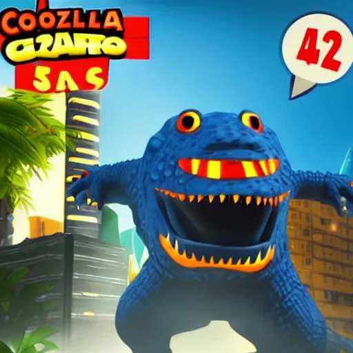 Prompt: Godzilla as a playable character in Subway Surfers, in-game screenshot