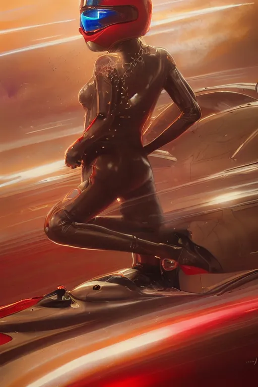 Image similar to Speed Racer, realistic and ultra intricate detailed soft painting, volumetric lighting, mist, chains and red fluid background, artstation, Tom Bagshaw Yasushi Nirasawa Moebius artstyle, unreal render, depth of field