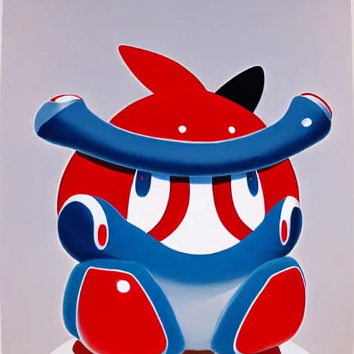 Image similar to A cute pokemon that resembles a blue bill wearing a puffy red coat by James Rosenquist