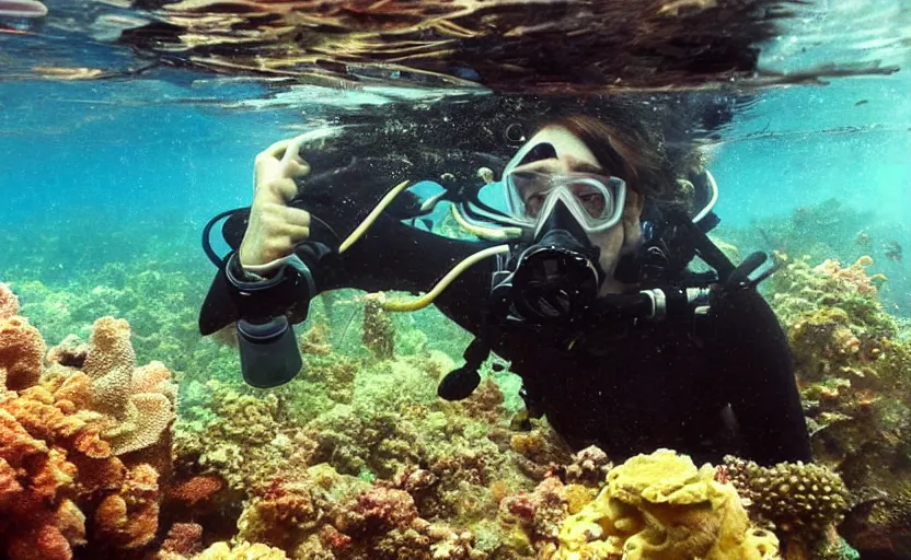 Prompt: scuba diver wearing a gasmask underwater