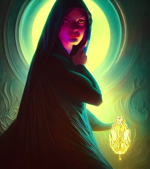 Image similar to book cover, front portrait, dark witch with black hood and evil eyes, realism, soft, smooth, luminescent, art nouveau tarot, backlit glow, colorful swirly ripples, gaudy colors, aesthetic octane render, unreal engine, 8 k, by artgerm, greg rutkowski, alphonse mucha