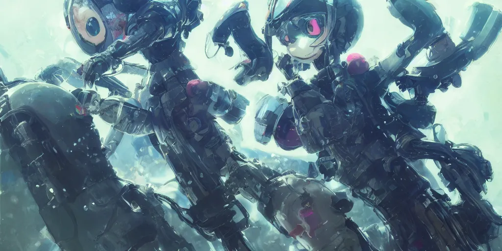 Image similar to portrait splatoon nintendo one character full body precis no blur, concept art, character sheet, nier automata, gaston bussiere, tsutomu nihei, yoji shinkawa, yoshitaka amano, greg rutkowski, cyberpunk, trending on artstation, featured on pixiv, hyper detail, cinematic composition, 8 k