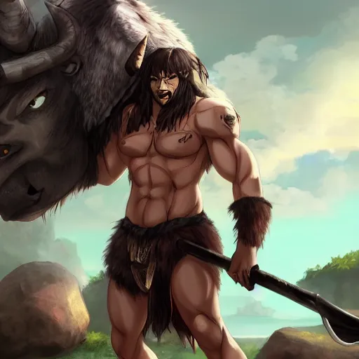 Image similar to bull man barbarian wearing a tattered loincloth with an giant axe, fursona, furry art, anthro, detailed dark brown fur, detailed long black hair, big horns, scars, anime key visual, makoto shinkai