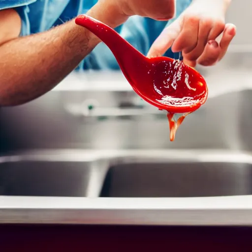 Prompt: young man vomiting ketchup into a sink 4k