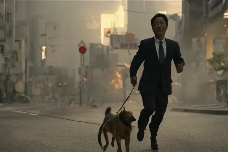 Prompt: cinematography action movie closeup portrait of a Japanese business man carrying his dog running from an explosion in Tokyo by Neil blomkamp