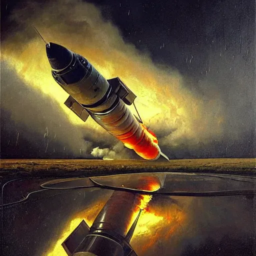 Image similar to a russian spaceship stuck in the ground, the spaceship is on fire, smoke, rainstorm, lightning, angry, kinetic, john sargent, adolphe bouguereaum, norman rockwell, style by peter deligdisch, trending on artstation, highly detailed oil painting,