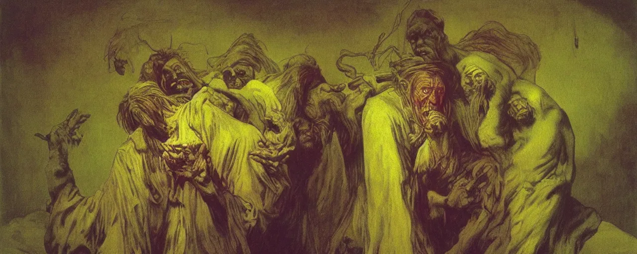 Image similar to vintage brightly color film footage, exaggerated somber exorcism scared priest wide open mouth in terror crying figures inside mental hospital portrait by zdzisław beksinski and gustave dore and alphonse mucha, artstationhq iamag