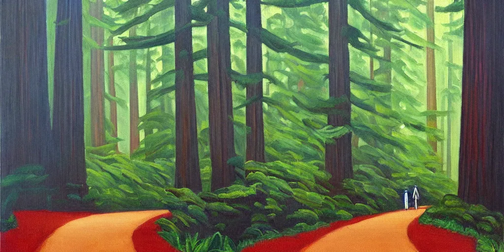 Image similar to a stunning wpa style painting of a man walking down a path in a redwood forest, award winning art