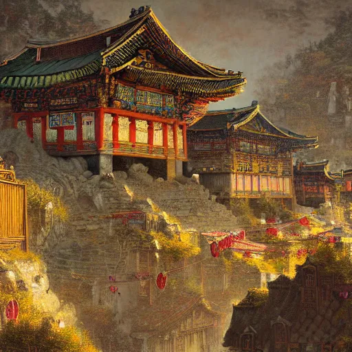 Prompt: artstation concept of an ancient korean village, bright colorful, gold, hyperdetailed, artstation trending, world renowned artists, worth1000.com, historic artworks society, antique renewel, cgsociety, by greg rutkowski, by Gustave Dore, Deviantart