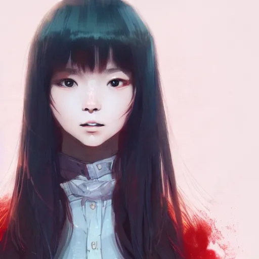 Image similar to full body portrait of a korean schoolgirl with long hair and bangs, her hands are thin red tedrils, dramatic lighting, illustration by Greg rutkowski, yoji shinkawa, 4k, digital art, concept art, trending on artstation