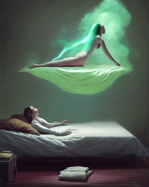 Prompt: a woman floating abover her bed at night, astral projection, green smoke?!!...! surreal concept art, lifelike, photorealistic, digital painting, aesthetic, smooth, sharp focus, artstation hd, artgerm and by greg rutkowski, bruce pennington, valentina remenar, rhads, asher duran,