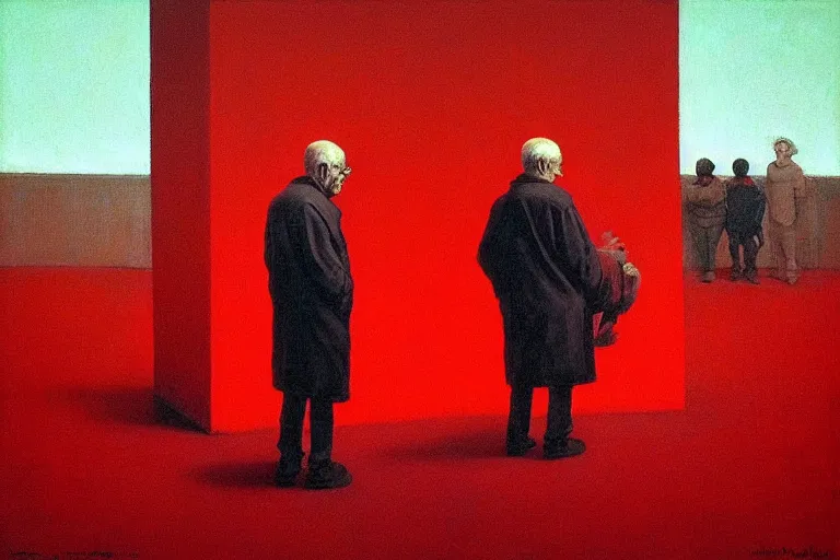 Image similar to only with red, a red old man try to sell a portrait, in a square, crowd cheering, in the style of beksinski, parts by edward hopper, parts by rodcenko, parts by yue minjun, intricate and epic composition, red by caravaggio, insanely quality, highly detailed, masterpiece, red light, artstation, 4 k