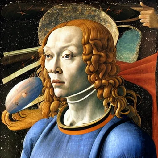 Image similar to beautiful renaissance painting portrait of an astronaut floating in space by sandro botticelli, jan van eyck, tiziano vecelli, piero della francesca