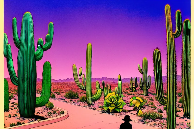 Prompt: a hyperrealist watercolour character concept art portrait of shadow figure, there is a strange light in the sky, utah desert highway. roses. neon lights. cactus. by rebecca guay, michael kaluta, charles vess and jean moebius giraud