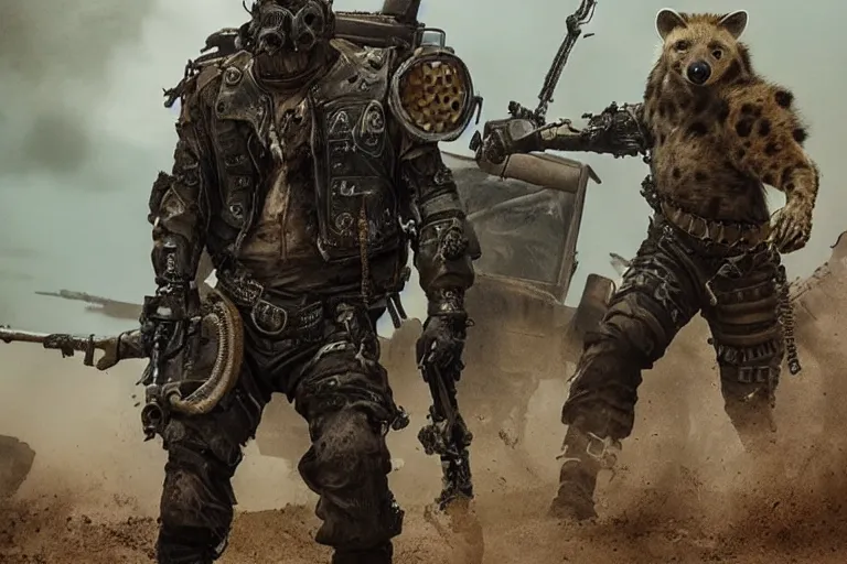 Image similar to a good ol'hyena fursona ( from the furry fandom ), heavily armed and armored facing down armageddon in a dark and gritty version from the makers of mad max : fury road. witness me.