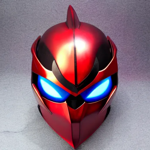 Prompt: dragon inspired High Fantasy Kamen Rider Helmet, red and blue color scheme, 4k, glowing eyes, daytime, rubber suit