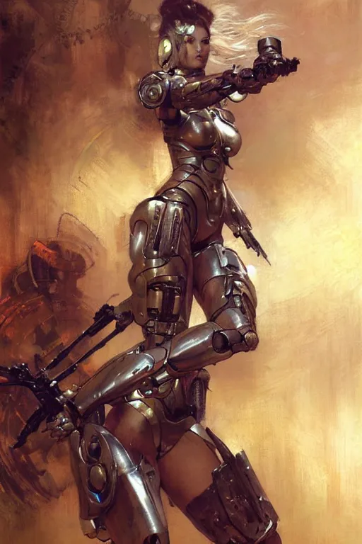 Image similar to futuristic women with medieval armor cyborg fighting dynamic poses, holding a gunsword, detail, beautifull face, no blur, painting by gaston bussiere, craig mullins, greg rutkowski, yoji shinkawa, sorayama