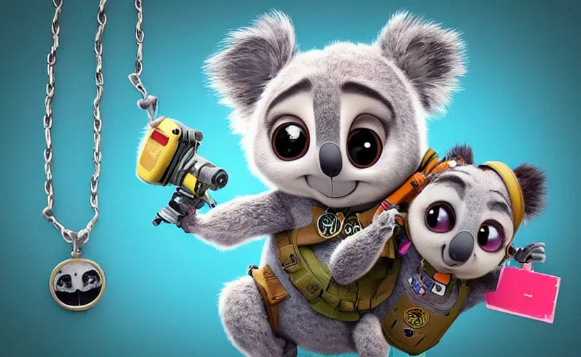 Image similar to “ cute koala with very big eyes, wearing a bandana and chain, holding a laser gun, standing on a desk, digital art, award winning, in the style of the movie zootopia ”