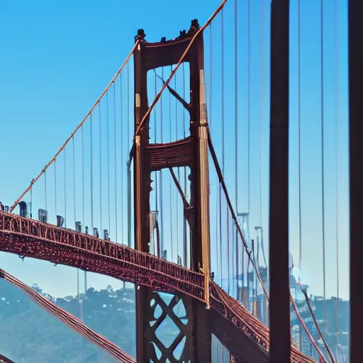 Image similar to San Francisco bridge with nyc skyline behind it, canon 8k, detailed, realistic, sunny