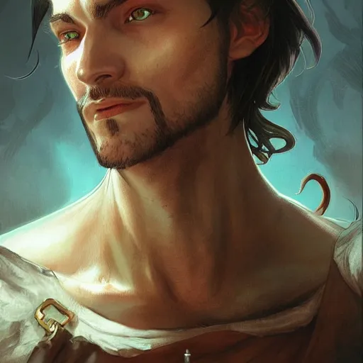 Image similar to portrait of a male necromancer, D&D, fantasy, highly detailed, digital painting, artstation, smooth, sharp focus, illustration, art by artgerm and greg rutkowski and alphonse mucha