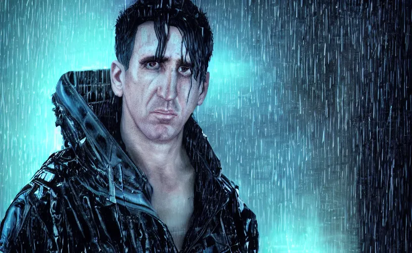 Prompt: an epic fantasy comic book style portrait painting of a very imposing cybergoth trent reznor in the rain, wet hair, neon reflections, character design by mark ryden and pixar and hayao miyazaki, unreal 5, daz, hyperrealistic, octane render, cosplay, rpg portrait, dynamic lighting, intricate detail, cinematic